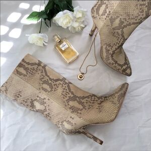 NEW PARIS TEXAS Slip On Leather Boots Sz 37 Snake Print Mid Calf Pointy Toe